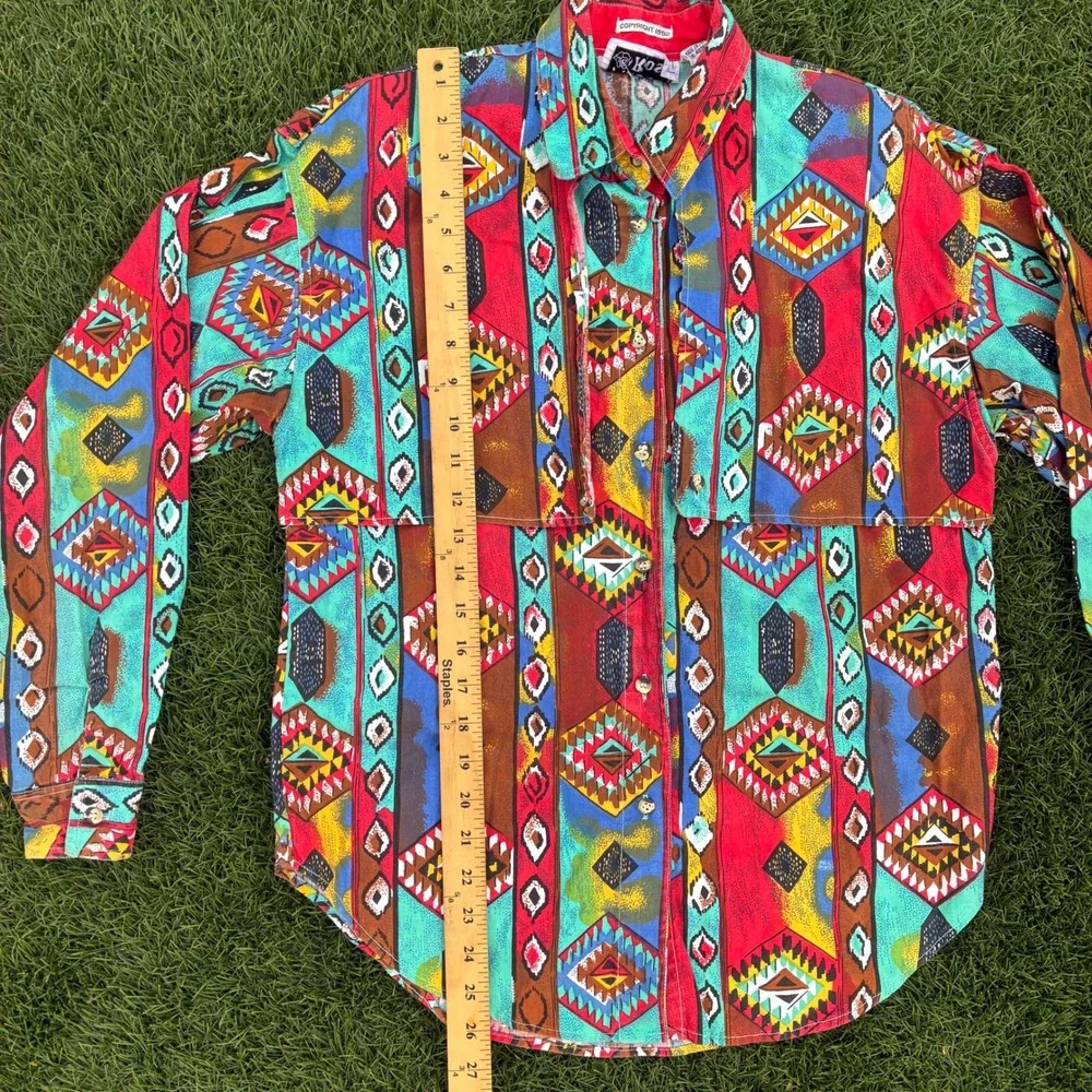 Vintage Adobe Rose Shirt Mens Small Multicolor Abstract Aztec Southwestern Rodeo